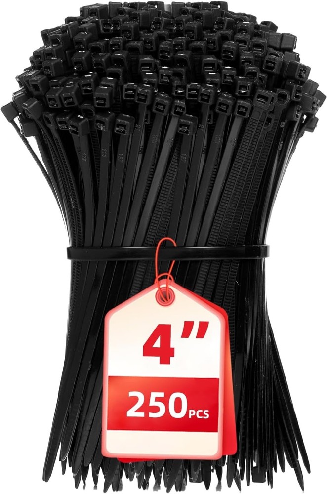 Multi-Purpose Black Zip Ties - 250 Count, 4-Inch Self-Locking Nylon Cable Ties