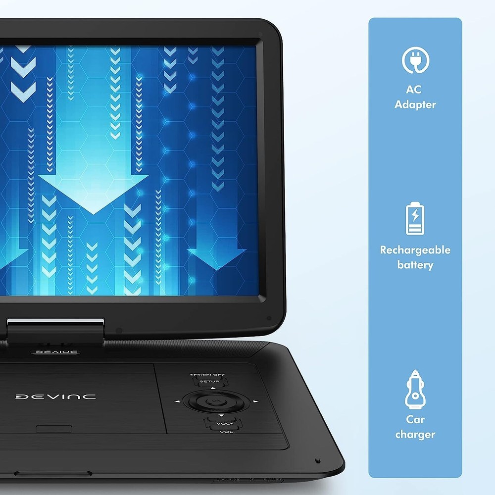 17.9" Portable DVD Player with Rotatable Screen, Rechargeable Multimedia Device
