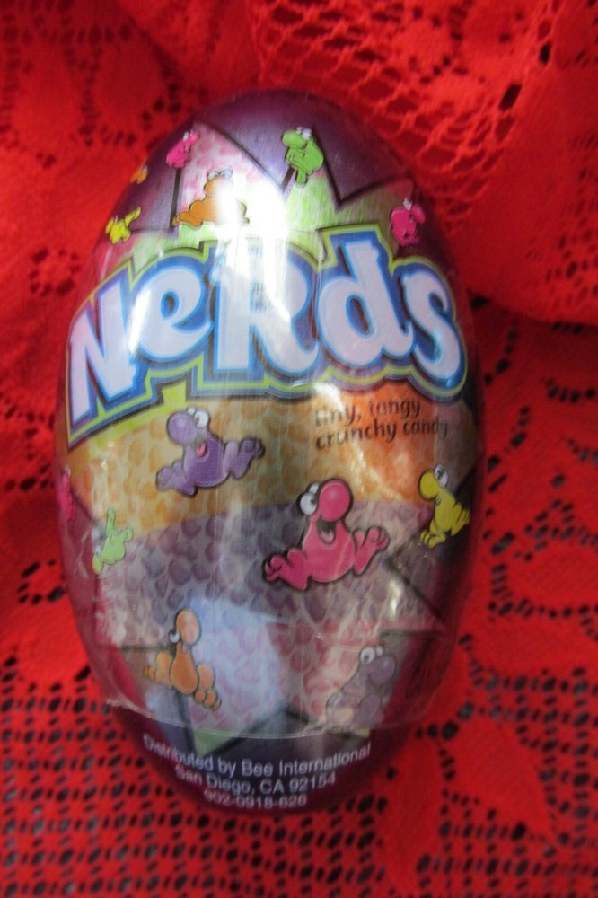 2 Tin Easter Egg Candy Containers w/candy, Sweet Tarts & Nerds, sealed