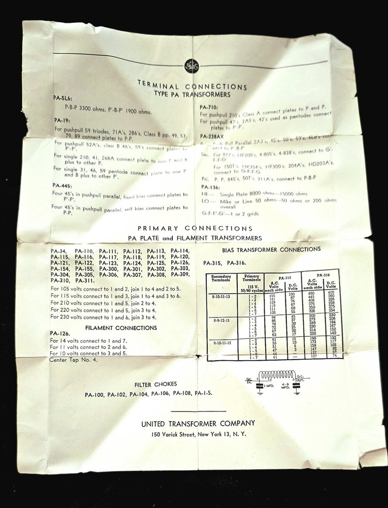 📦 NOS UTC PA-2L6 Transformer – Type A Line Transformer – May 1961 (FE1 Code)