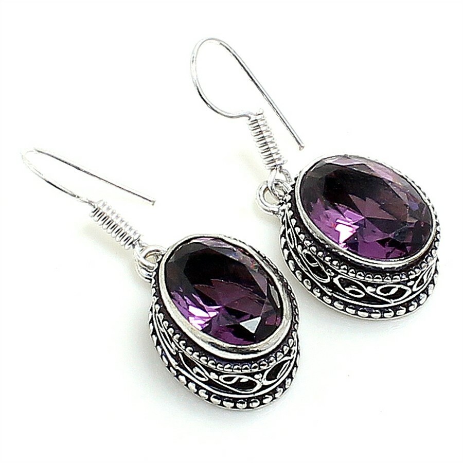 Purple Amethyst Gemstone Handmade 925 Sterling Silver Jewelry Earring Sz 1.2''