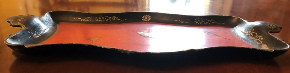 Antique Japanese Laquerware Rectangular Tray With Hand Painted Rooster