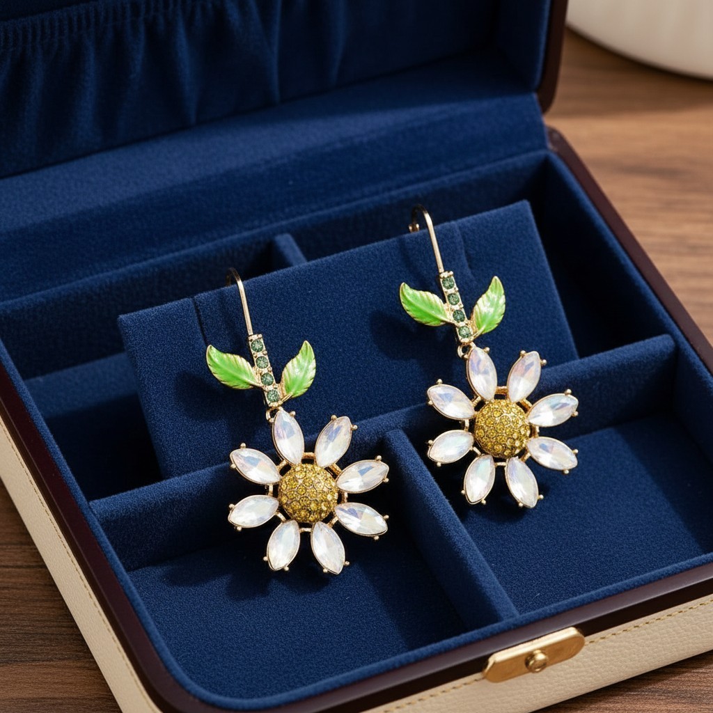 Betsey Johnson Earrings Gold Tone Crystal Daisy Drop Floral Leverback