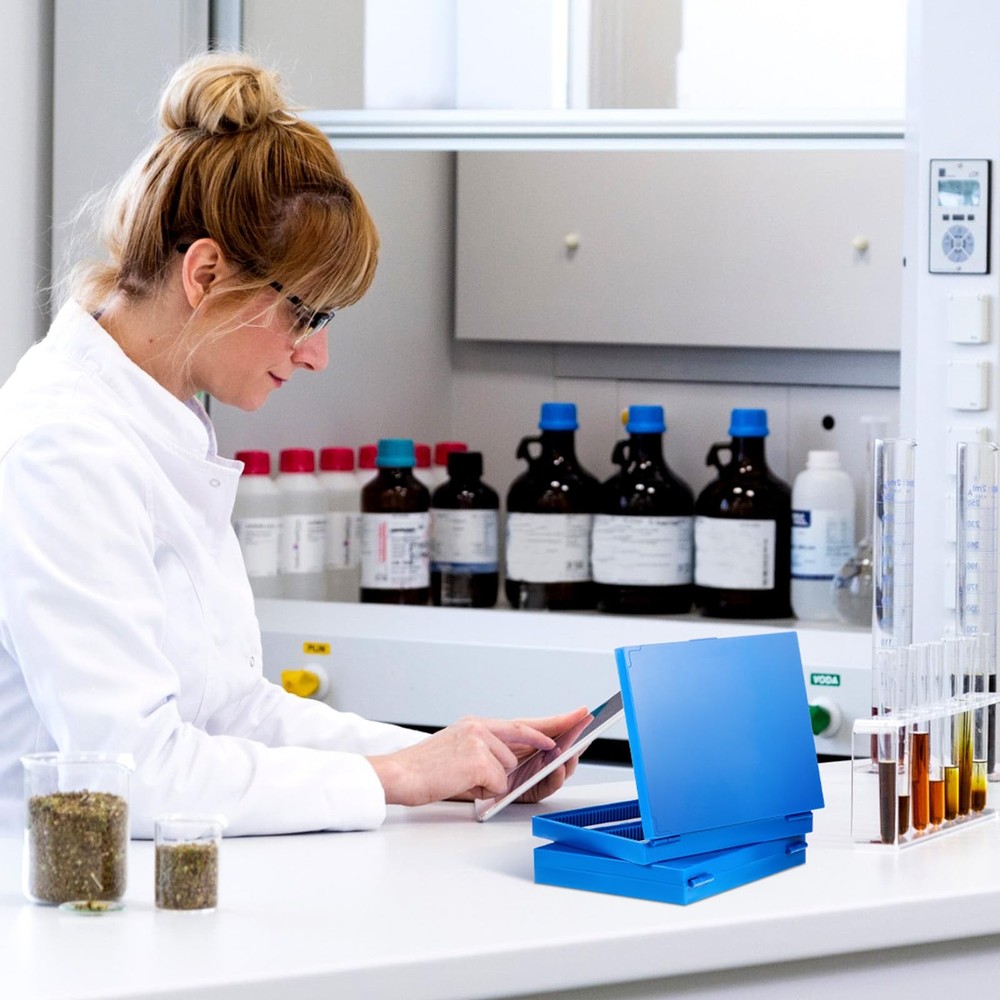 4 Pcs Microscope Slide Storage Box, 100 Place Plastic Holder for Blue