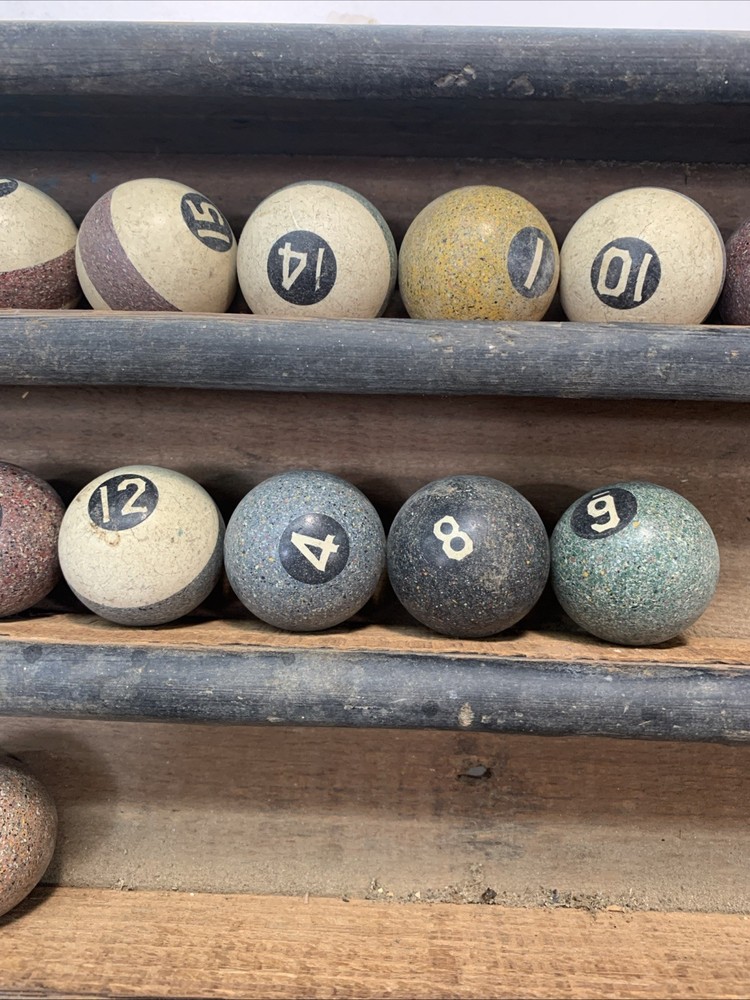 16 Mini Billiard / Pool Balls and Display- Unique Antique Set