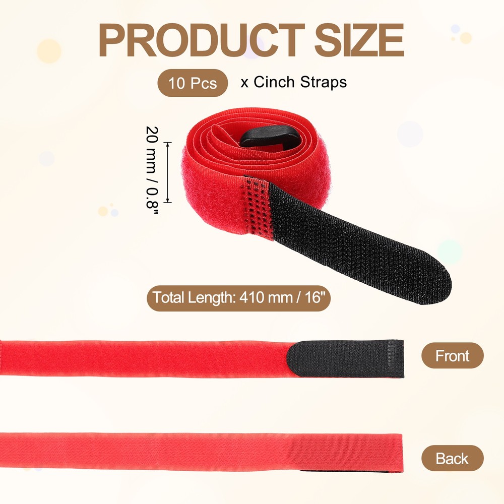 10pcs Reusable Cinch Straps 0.8"x16" Hook and Loop Cable Securing Straps, Red