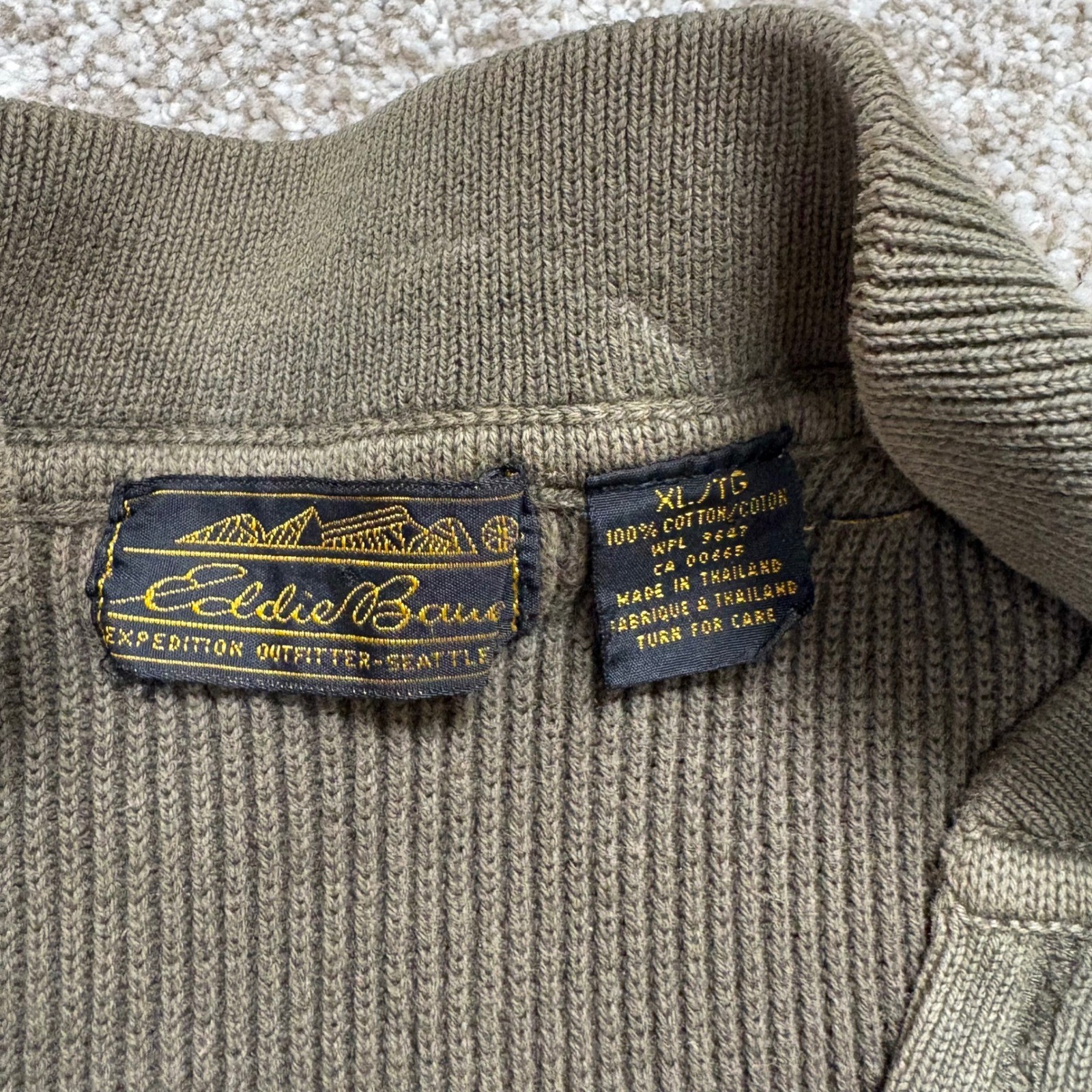 Vintage Eddie Bauer Henley Sweater Mens XL Olive Green Ribbed Cotton Mock Neck