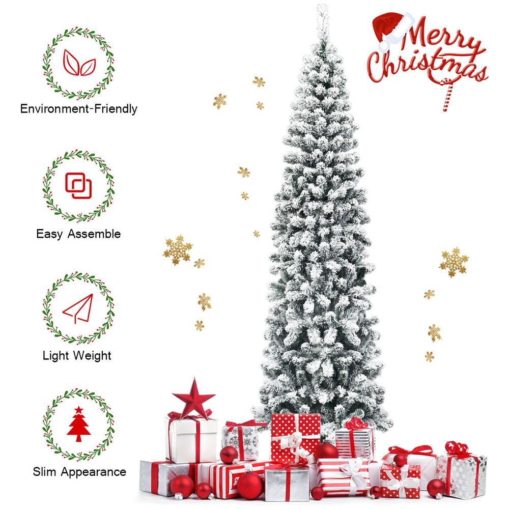 7.5' Unlit Hinged Snow Flocked Artificial Pencil Christmas Tree with 641 Tips