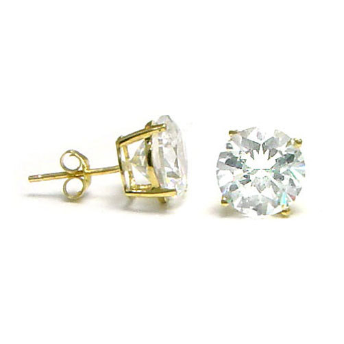 Solid Solitaire Round CZ Stud Earrings Real Solid 14K Yellow Gold