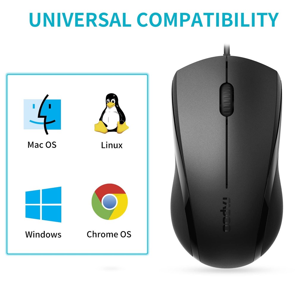 Silent Wired Mouse 1000 DPI 5ft Cord Quiet Button Optical Matte Black