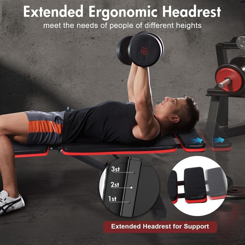 Foldable Incline/Decline Adjustable Bench with Extended Headrest & Leg Extension