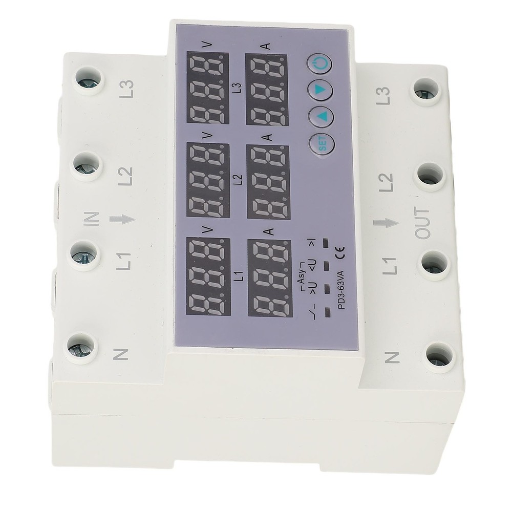 63A 3 Phase DIN Rail Voltmeter Ammeter Auto Overvoltage Overcurrent Protector AC