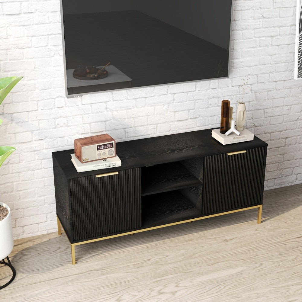 Mid Century Modern TV Stand w Wave Doors Gold Legs Soft Close