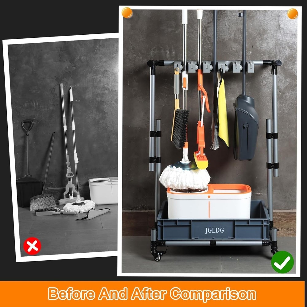 Freestanding Mobile Cleaning Tool Rack with Hooks - Rust Resistant Design