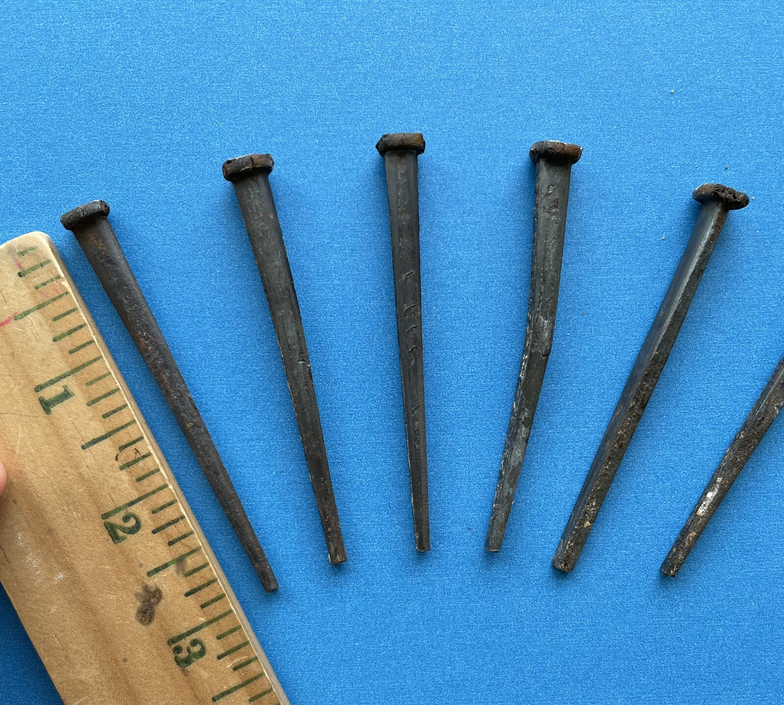 Lot Of 5 Iron Hand Cut 3” Square Head Nails Used Rusty Vintage (plus One 2.5”)