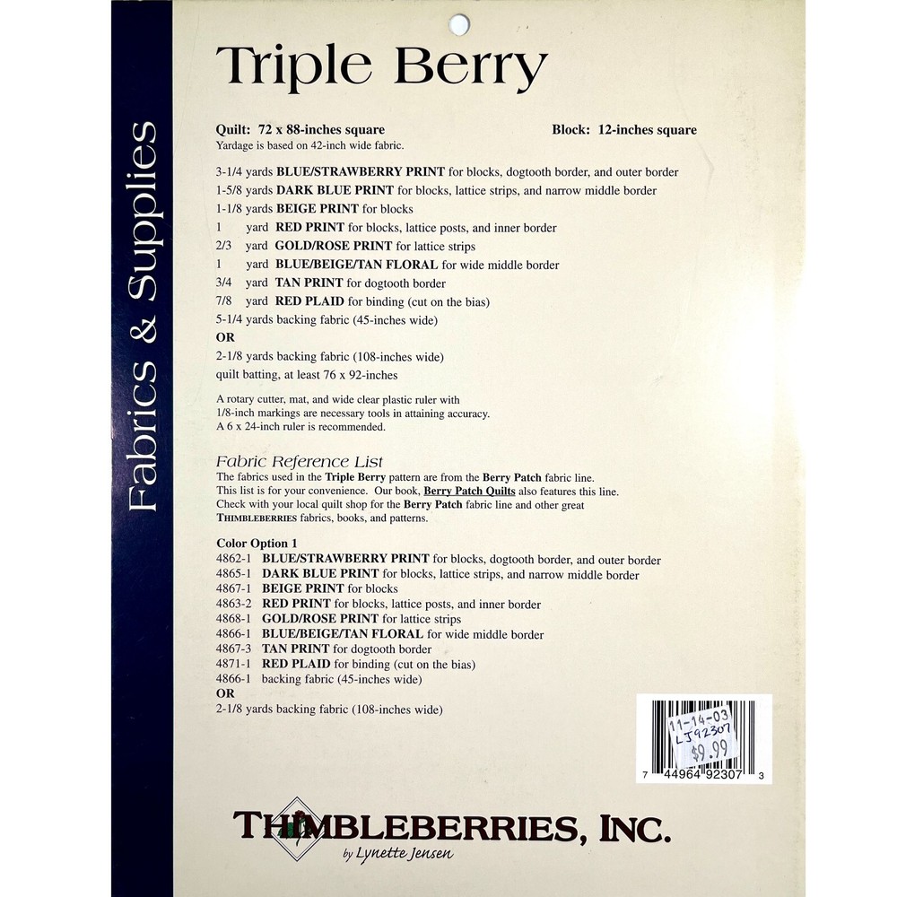 Thimbleberries Triple Berry Quilt PATTERN LJ92307 by Lynette Jensen
