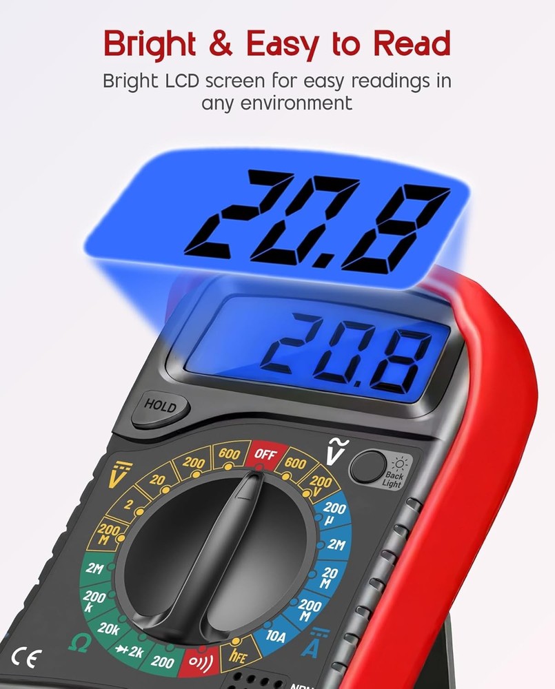 Digital Multimeter,Voltmeter Ammeter Ohmmeter with Test Leads Backlight Display