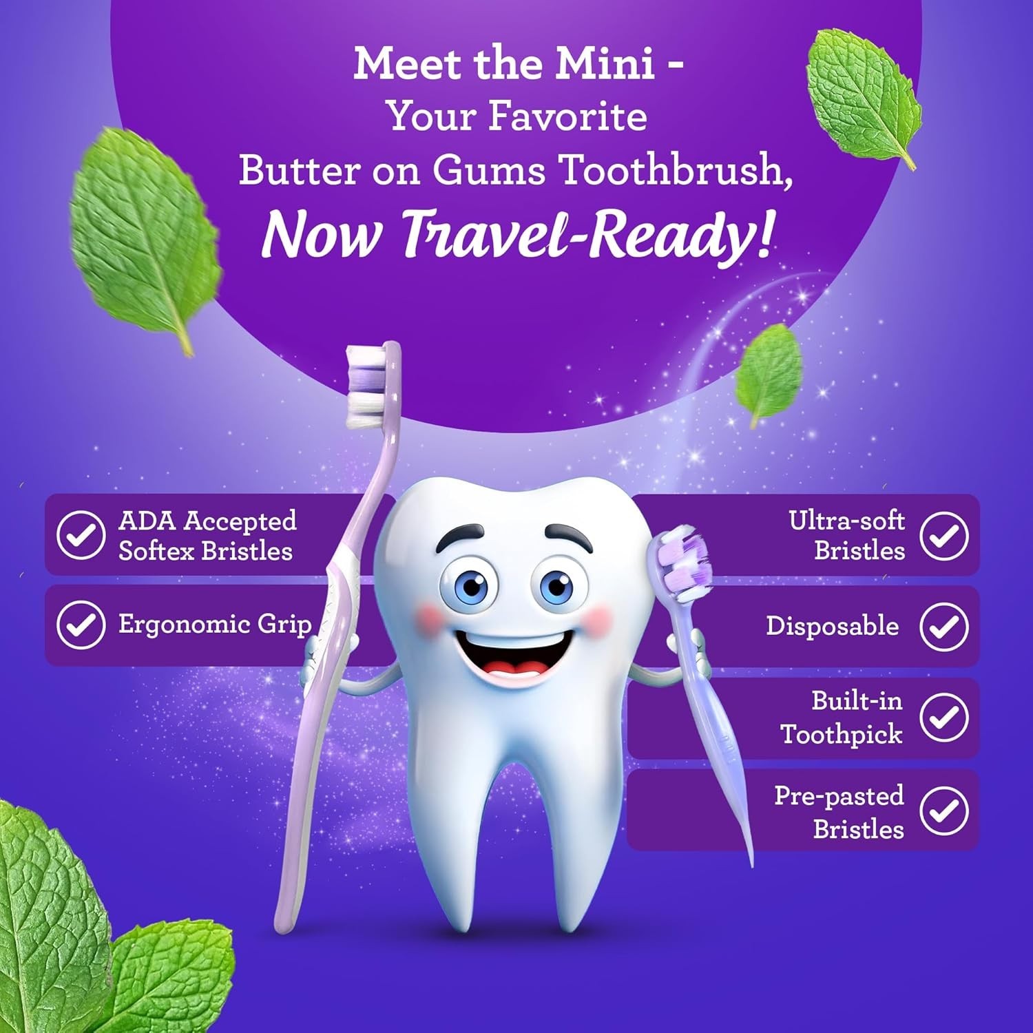 Ready-To-Go Disposable Mini Travel Toothbrushes - Butter on Gums Softex Bristles
