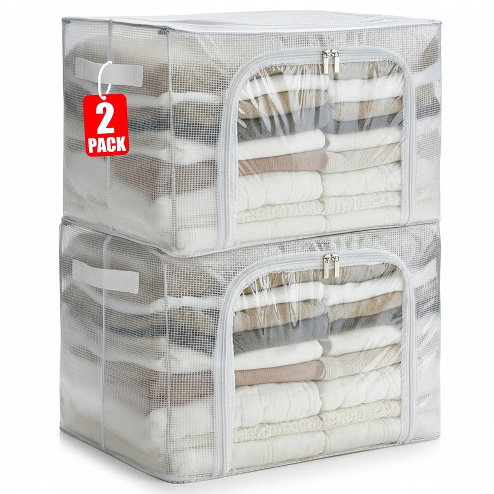 Clear Stackable Clothes Storage Bins with Metal Frame, Foldable Storage Box w...