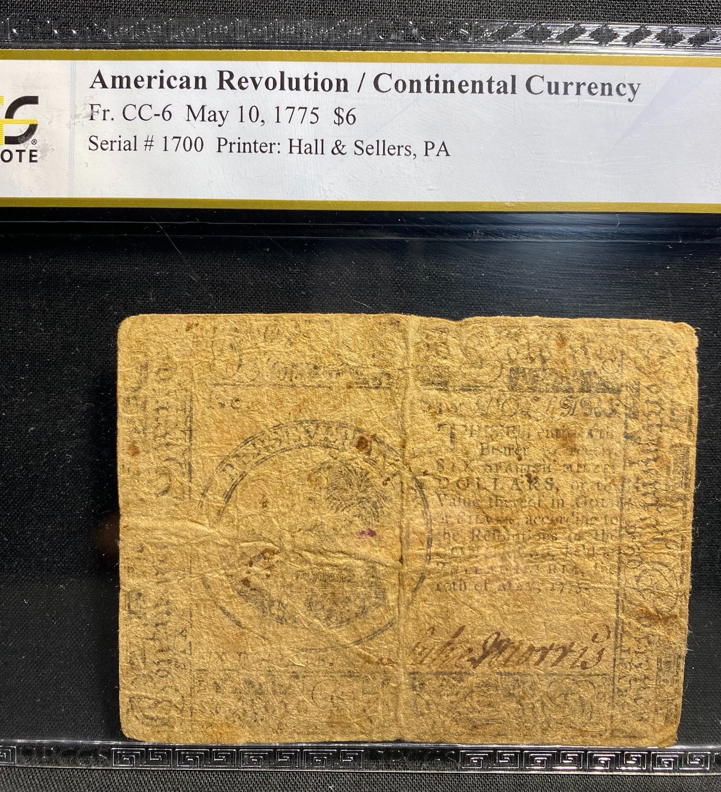 1775 American Revolution $6 Continental Currency, Colonial Bank Note CC-6, PCGS