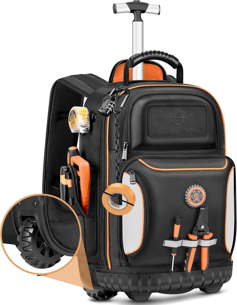 Rolling Tool Backpack with Wheels, 75 Pockets & Lock for Electricians