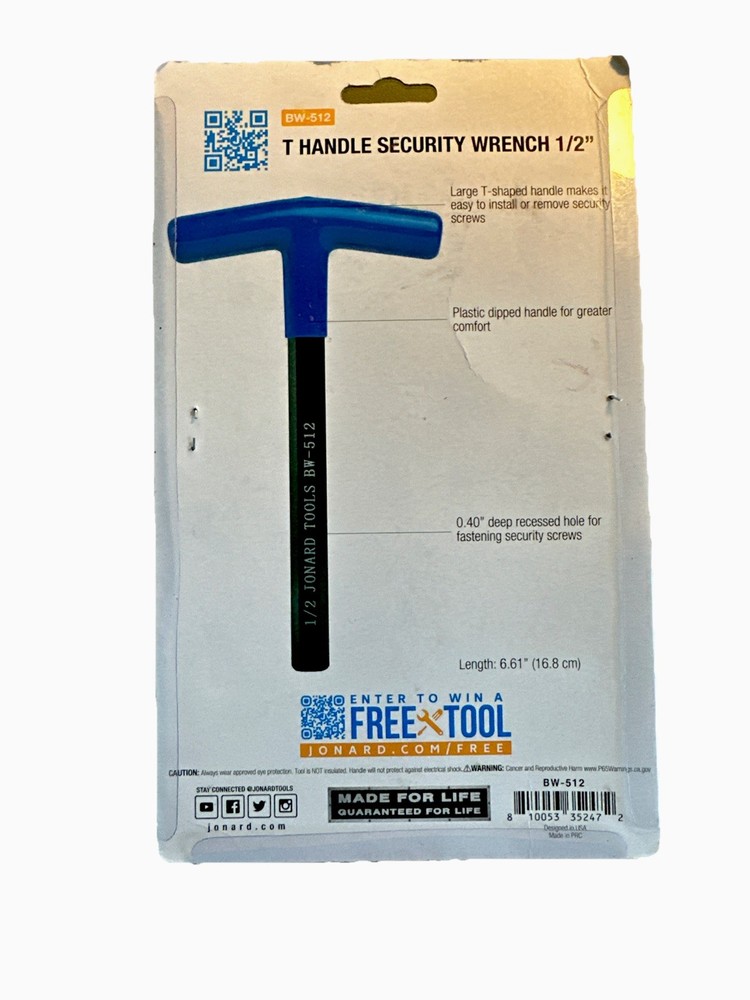 Jonard Tools BW-512 T Handle Security Wrench 1/2” Hex Type Allen Security Screws