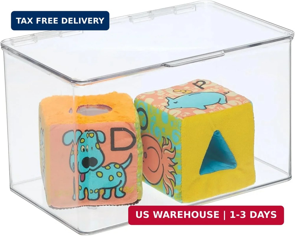 mDesign Set of 2 Storage Boxes with Lids - Stackable Plastic Storage Boxes for N