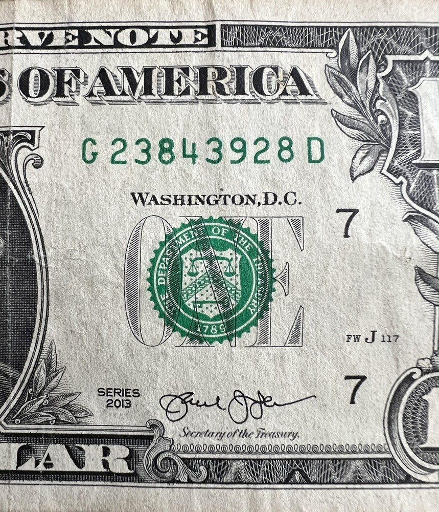 Ink Error 2013 $1 G 23843928 D Circulated