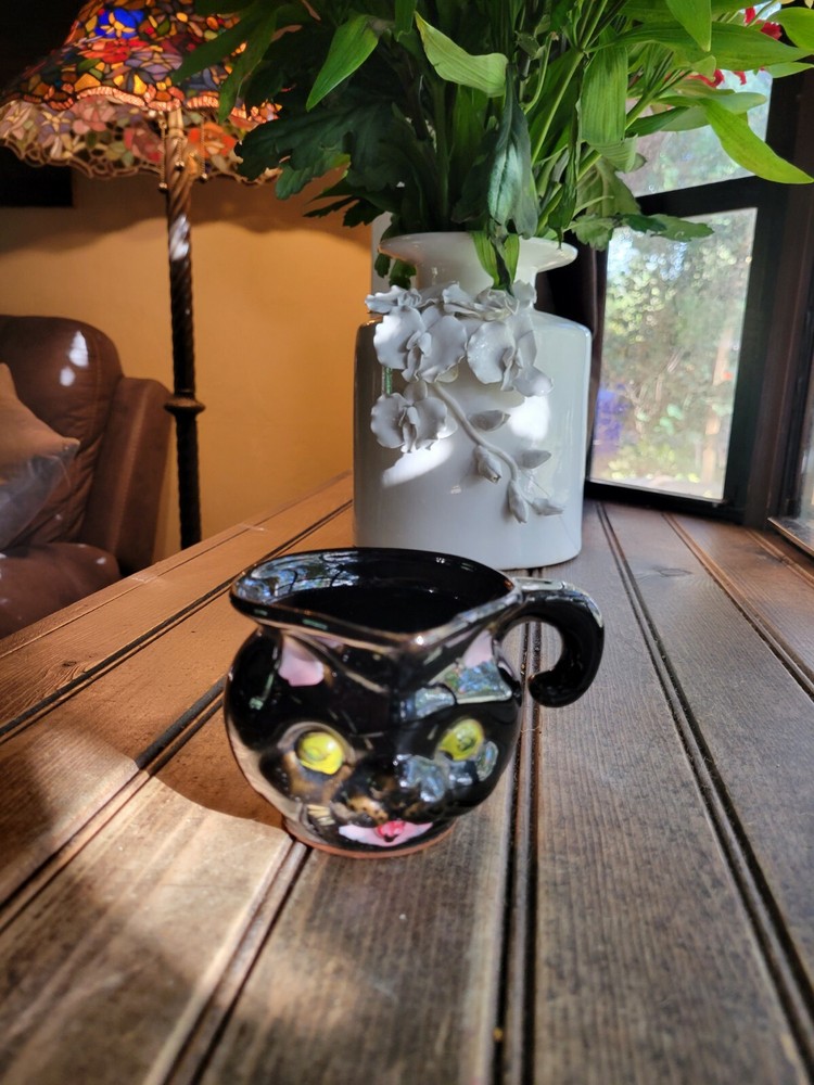 Vintage Black Cat Pitcher Handpainted