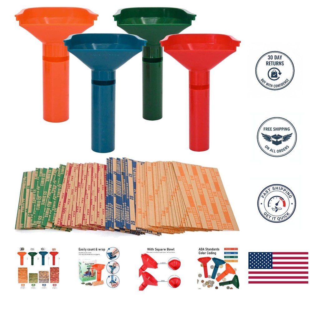 150 Assorted Coin Wrappers & 4 Color-Coded Sorter Tubes – Easy Loading