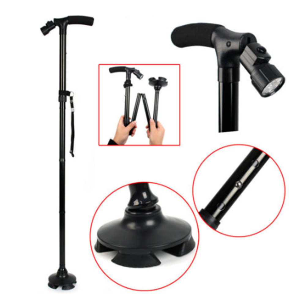 LED Folding Walking Cane for Seniors Men & Women w/ Non-Slip T Handle and Strap