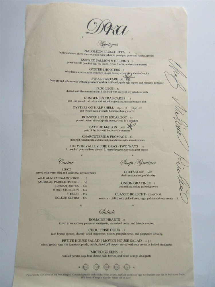 DEKA Menu signed by Chef 401 E Dundee Rd. Wheeling, IL