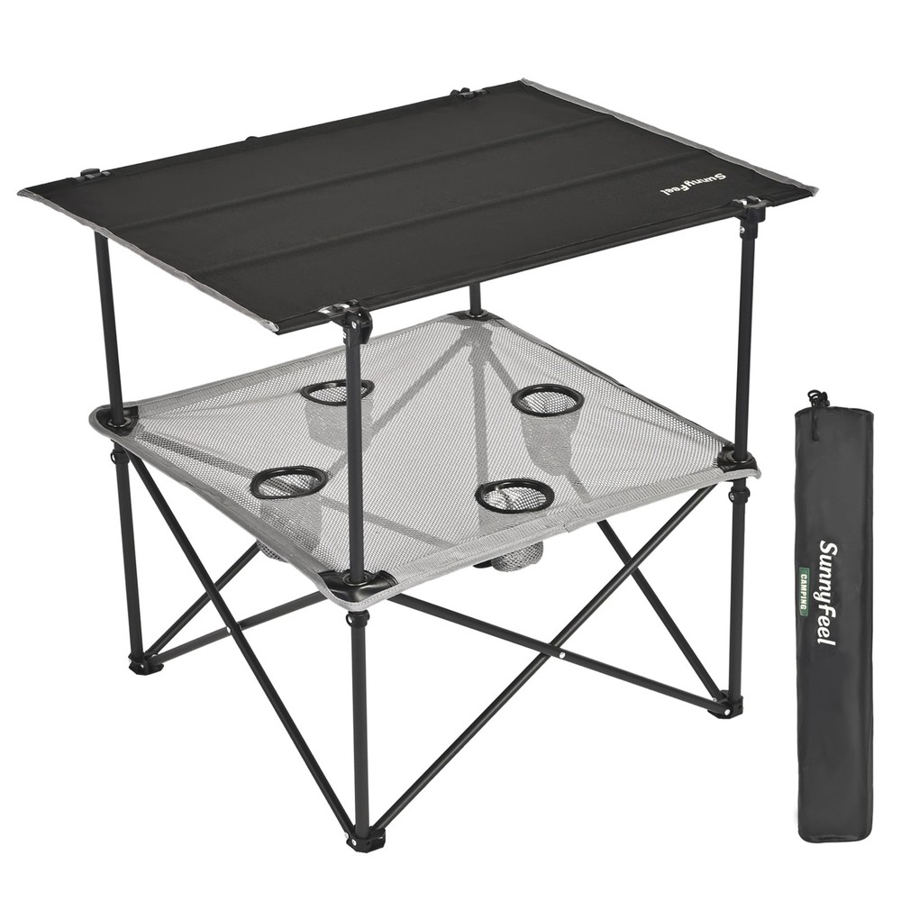 Folding Camping Table- Collapsible Portable Beach Table with 4 Cup Holders & ...