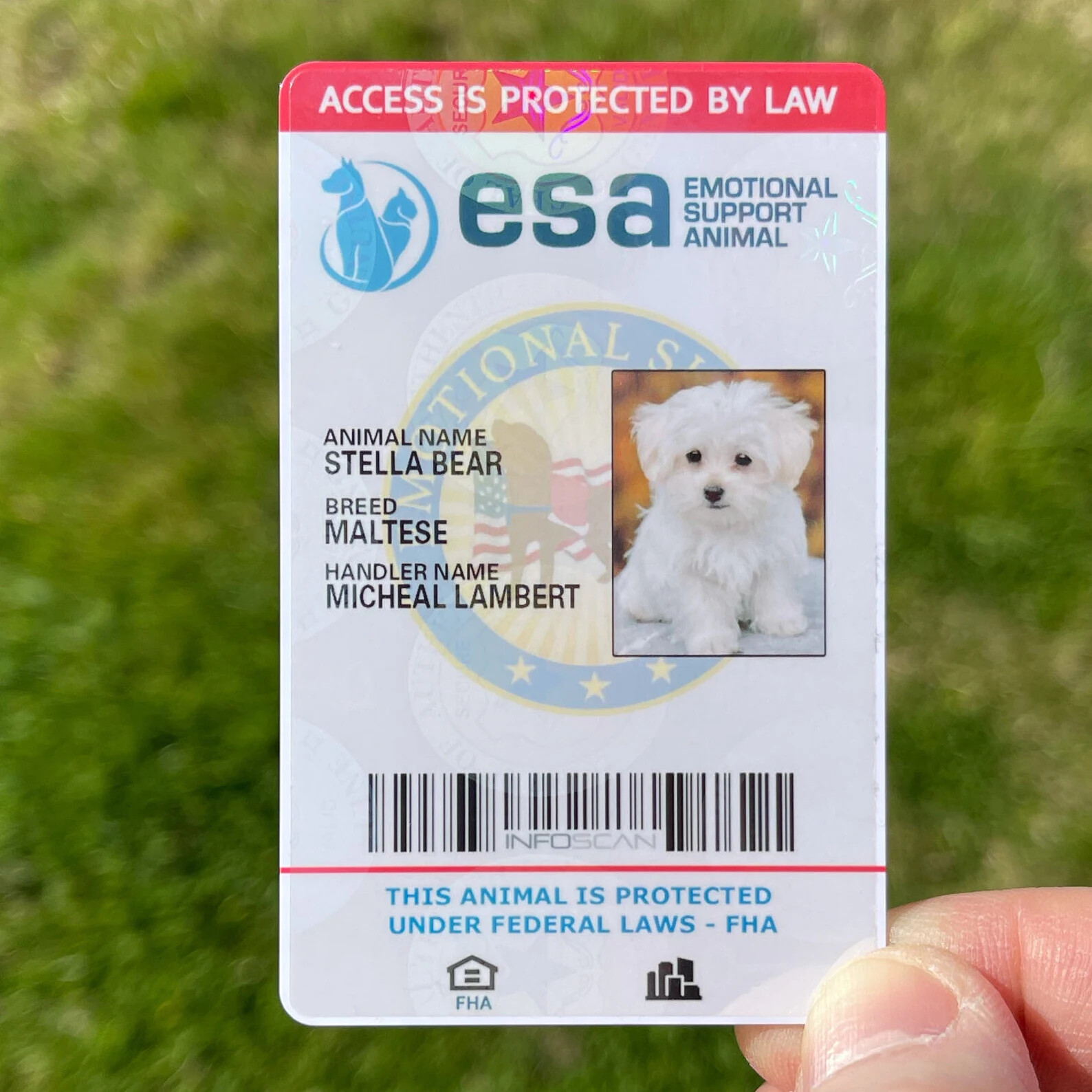 ESA ID CARD FOR EMOTIONAL SUPPORT DOG / CAT ANIMAL / SERVICE DOG - HOLOGRAPHIC