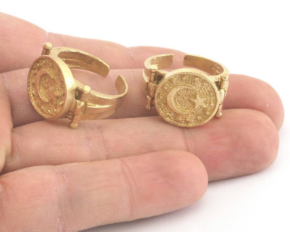 Signet Ring Crescent Star Adjustable Raw brass 3997