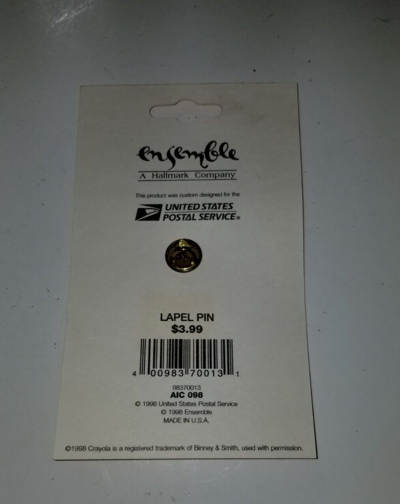 1998 Crayola USPS lapel pin. still on backing!