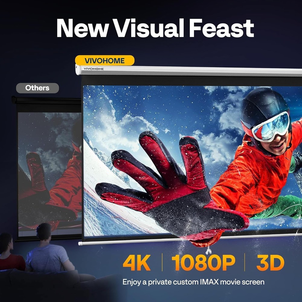 Projector Screen Pull Down, 1:1 120 Inch Retractable Projection Screen, HD 4K...