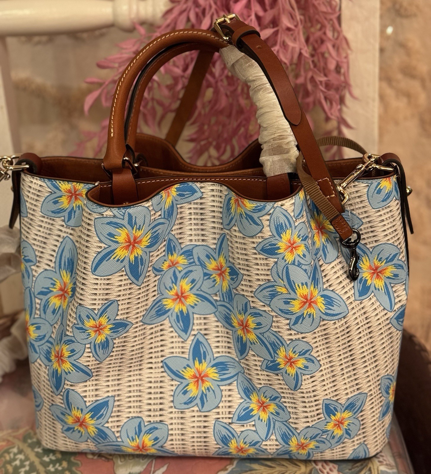 Dooney & Bourke Disney Medium Handbag Floral Print White Blue Yellow Brown