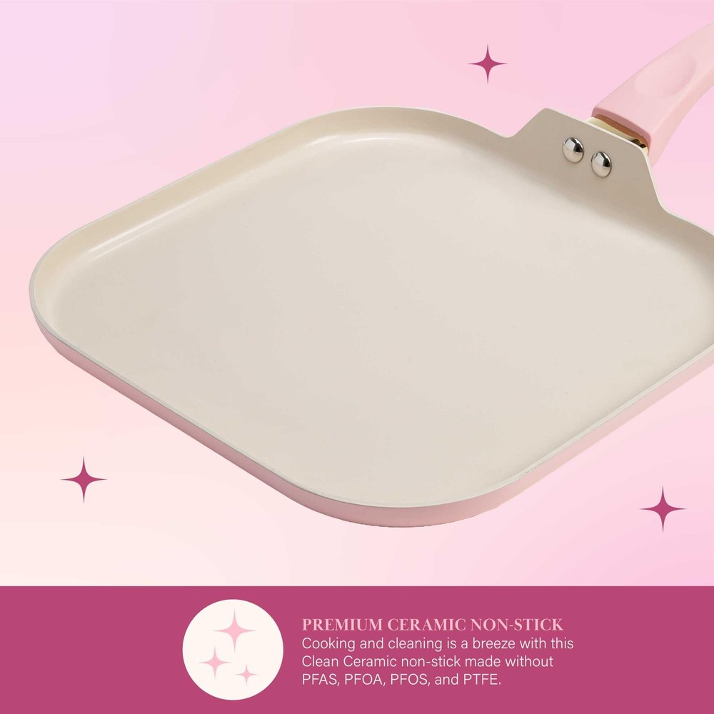 Paris Hilton Breakfast Ceramic Nonstick Cookware Set, Includes Square Griddle, M