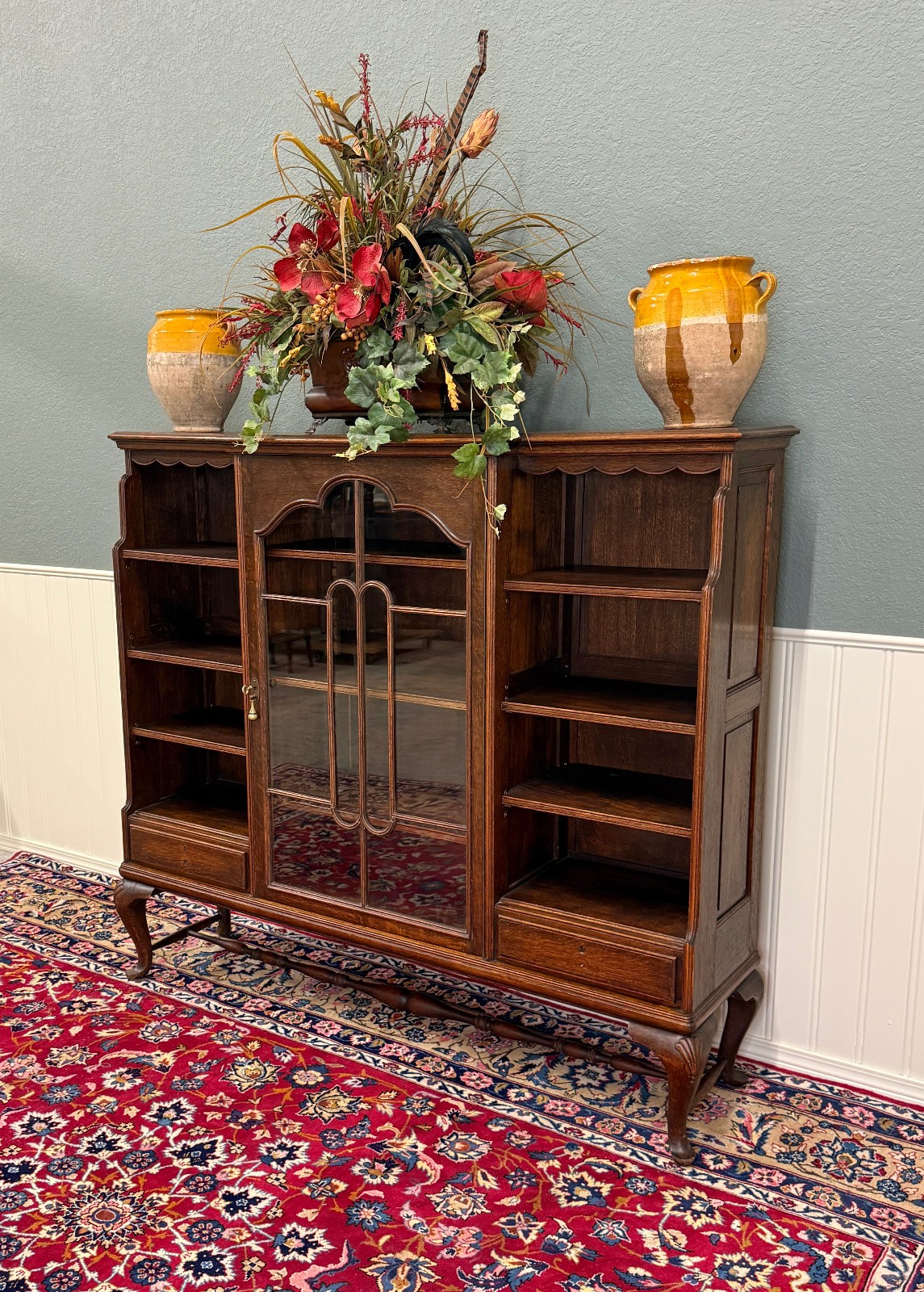 Antique English Bookcase Bookshelf Cabinet Glass Oak Queen Anne Legs 1920s-30s