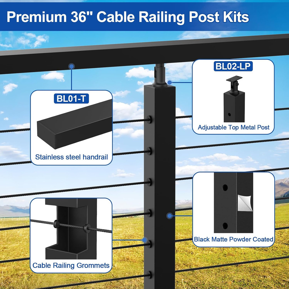 36" Black Cable Railing Post Kit - Adjustable Surface Mount, 2 Level Posts
