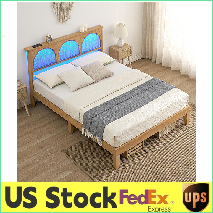 Queen/Full Size Platform Bed Frame W/LED Lights &Wood Headboard,Underbed Storage