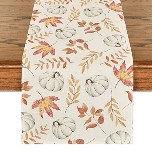 Pumpkins Fall Maple Leaves Fall Table Runner, 13" x 60", Table Runner Orange