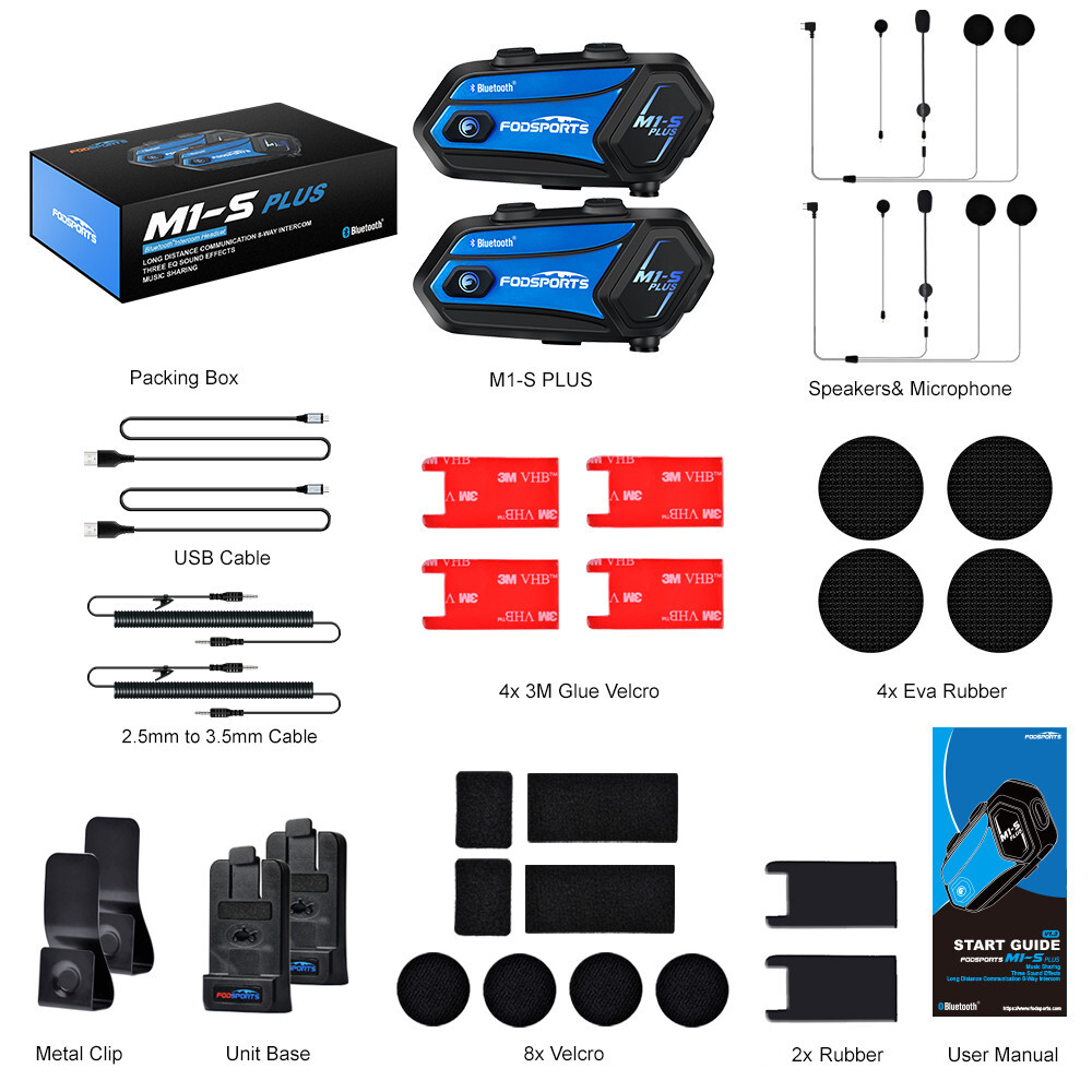 2x M1-S Plus 2000M Motorcycle Intercom Helmet Bluetooth Headset 10 Riders & FM