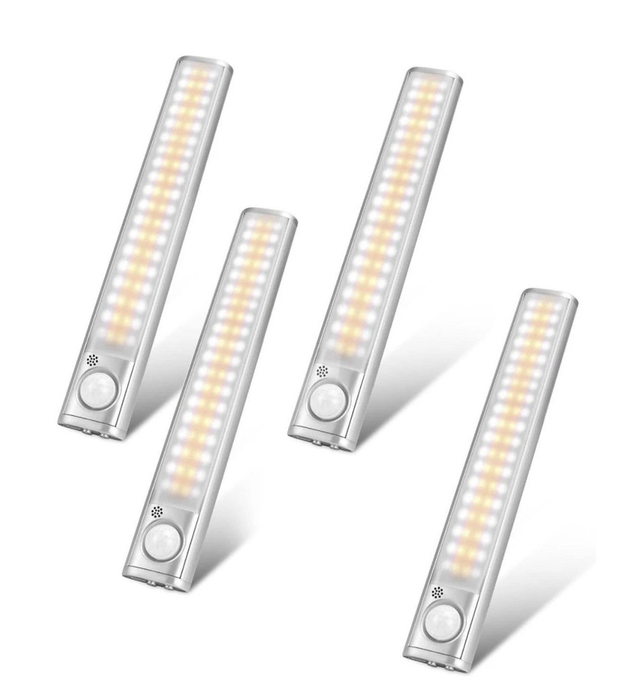 4-Pack LED Under Cabinet Lights, Rechargeable Motion Sensor, 3 Color Dimmable