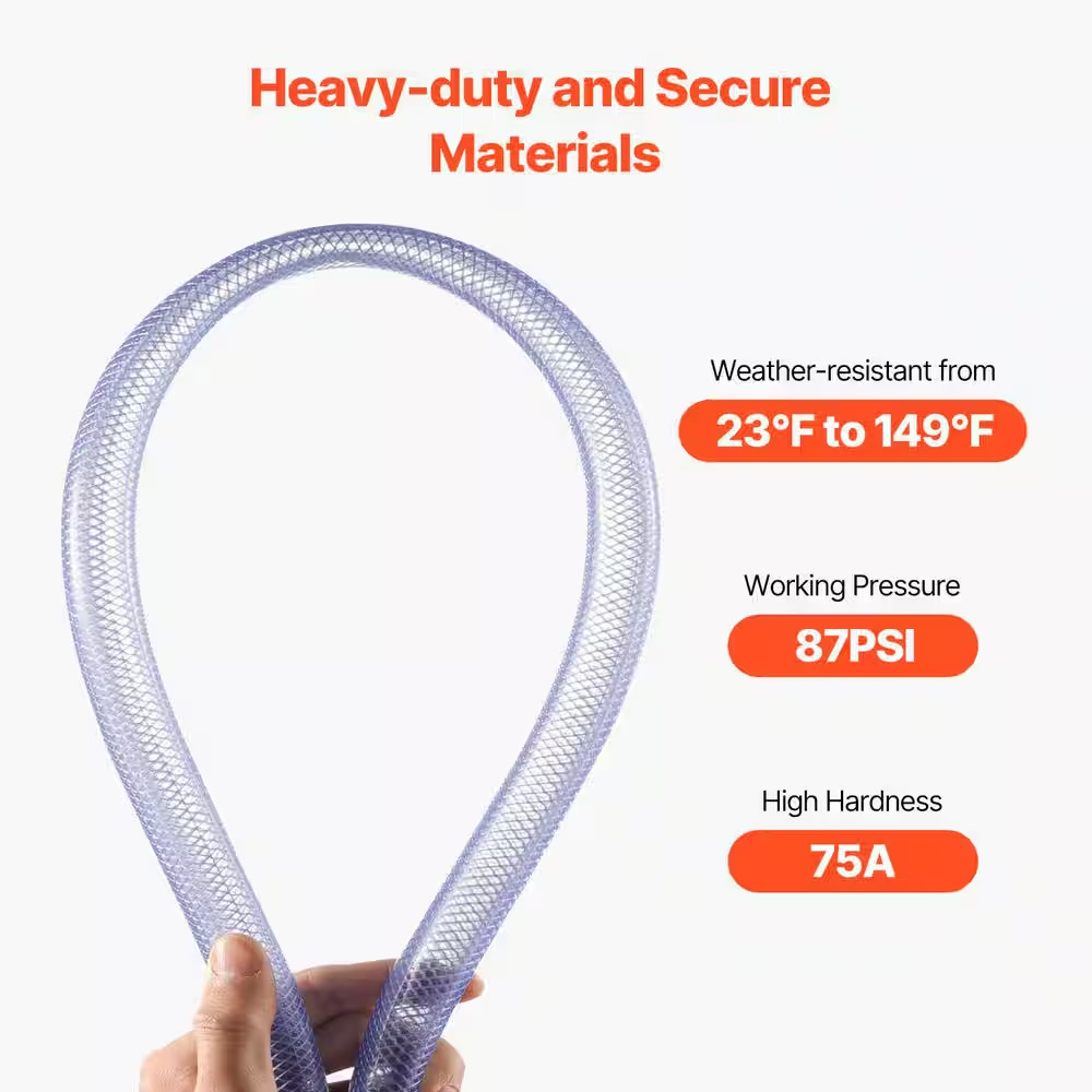 Braided Clear Vinyl Tubing, 3/4 In. ID X 19/20 In. OD, 10 FT. Plastic PVC Tubing