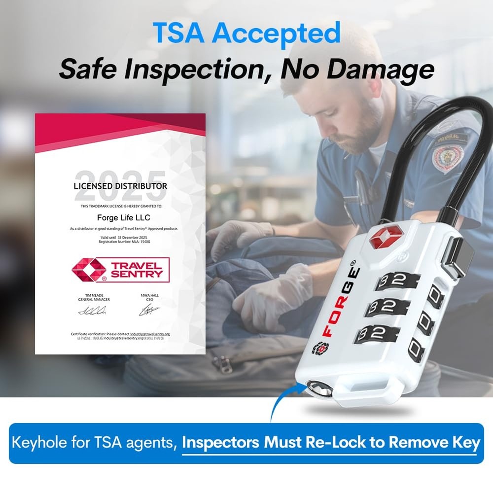 Forge TSA Approved Cable Luggage Locks, Re-settable Combination with Alloy Bo...