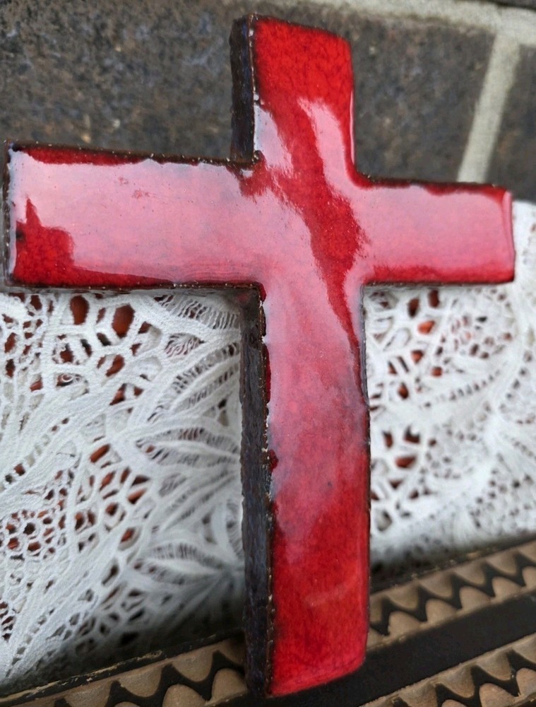 Mid-Century Modern Red Glazed Ceramic Cross