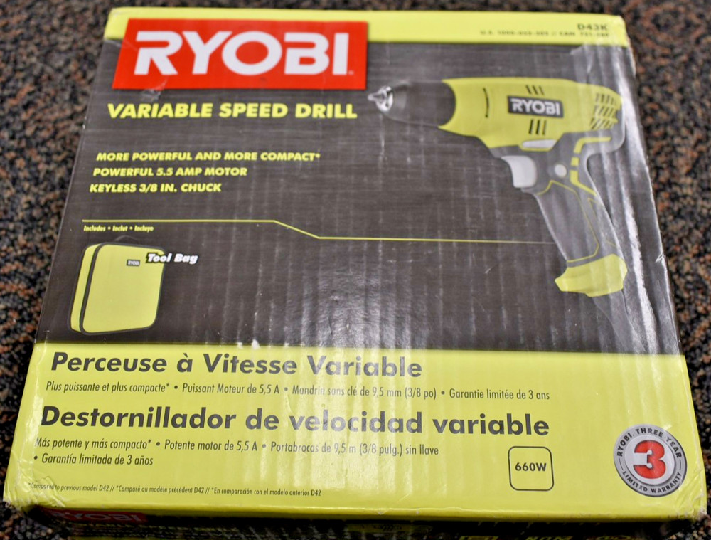 Ryobi D43K Variable Speed Drill With Keyless 3/8" Chuck & Tool Bag