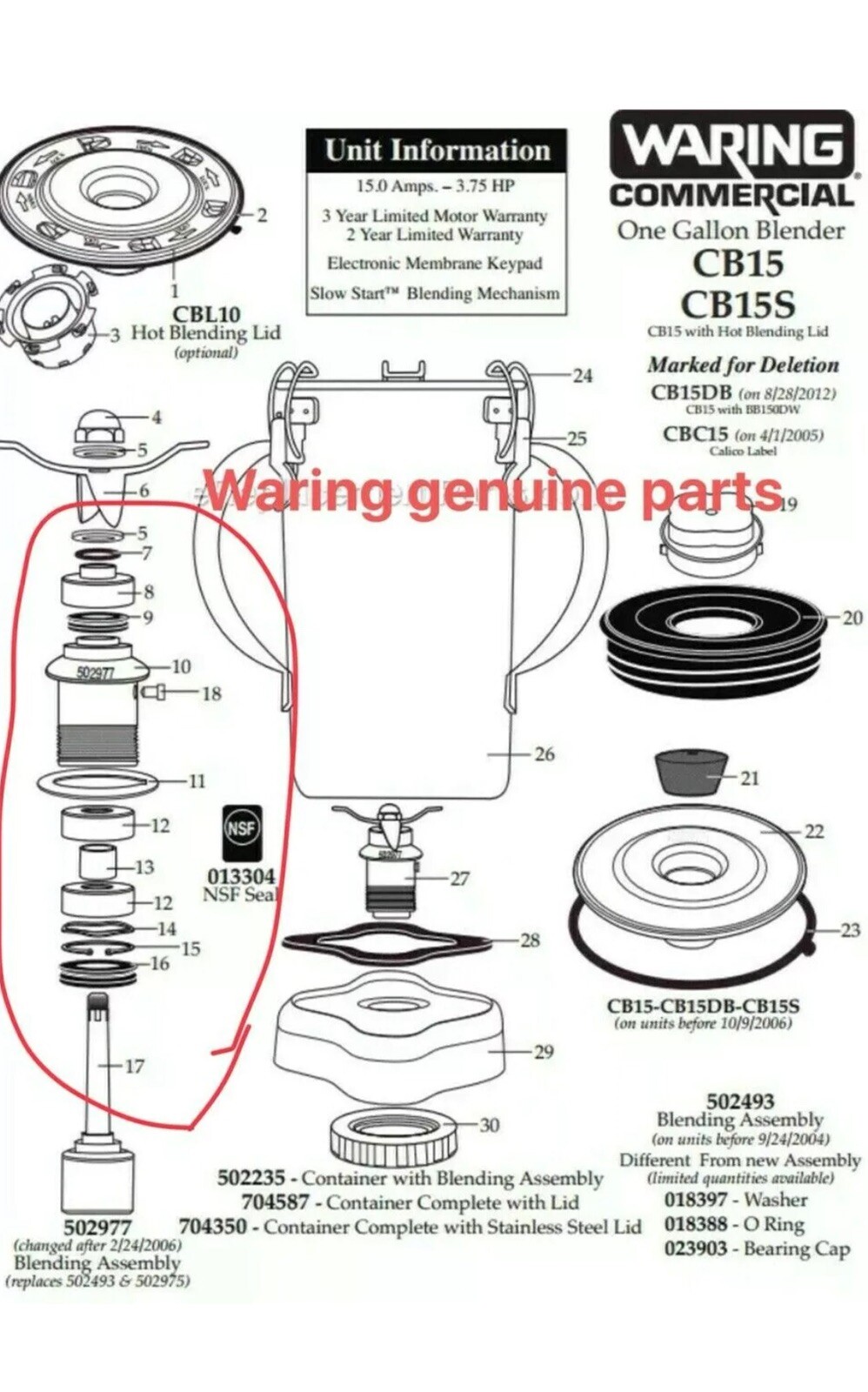 Waring CB6 CB10 CB15 Cutting Blade Assembly 502977 REBUILT KIT